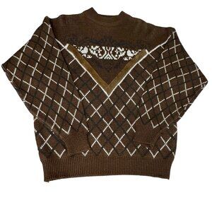 JJ Cochran‎ Sweater Mens XL Argyle Sweater Trim Leather Wool Grunge 90s Grandpa